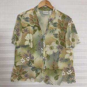 Alfred Dunner Womens Floral Chiffon ButtonUp Blouse Green Purple 16 Peplum Style